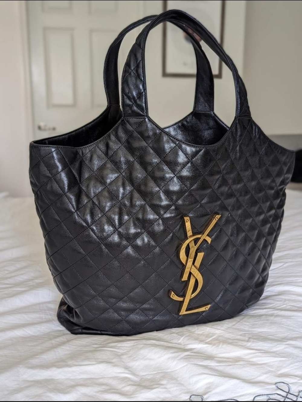 Saint Laurent Black Quilted Leather Tote with Gold YSL Emblem